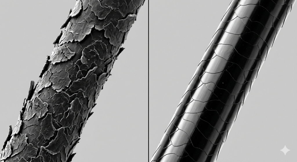 毛髪の健康状態を対比した画像。キューティクルが剥がれている毛と健康な毛。