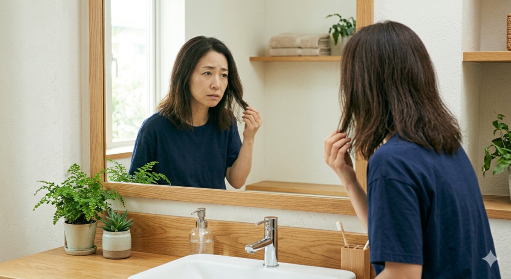 昔はストレートヘアだったのにと、嘆いている様子の女性画像