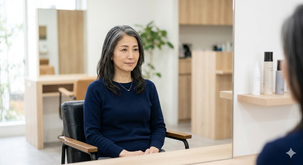 白髪ぼかしをやる前の女性。カウンセリング/AI生成画像