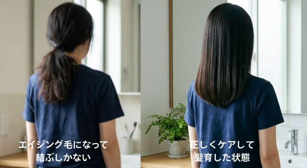 エイジング毛になって 結ぶしかない髪と髪育に取り組んで綺麗なまとまりのある髪になった対比画像。
