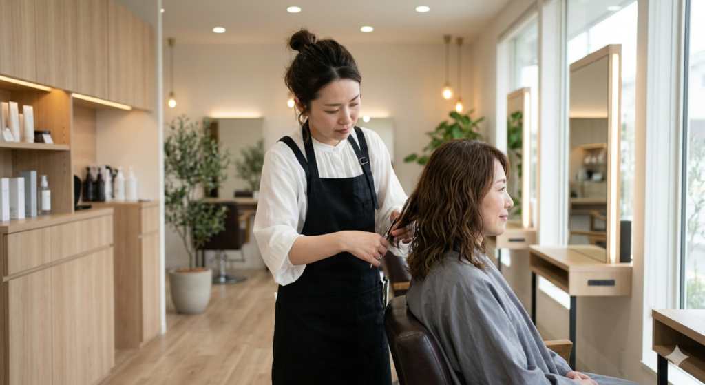 くせ毛活かし用のカットをしてもらってる４０代女性画像