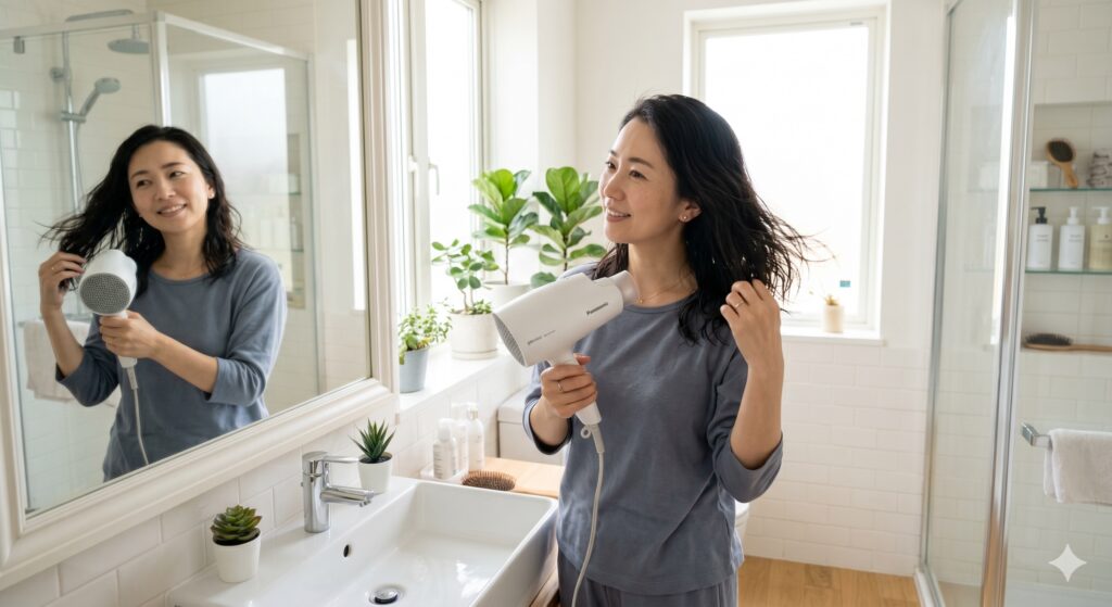 髪をドライヤーで乾かしている女性の画像