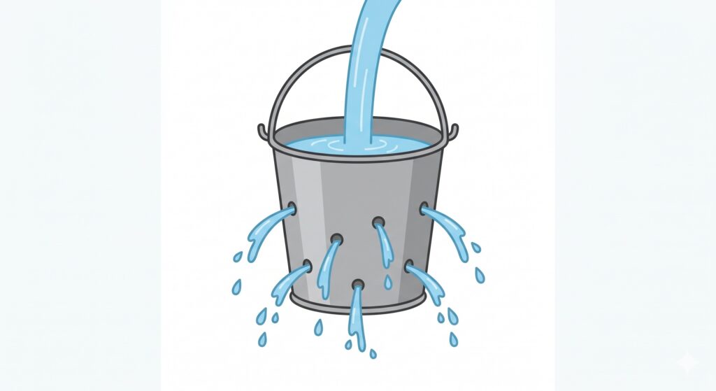 穴の空いたバケツに水を注いでいる画像