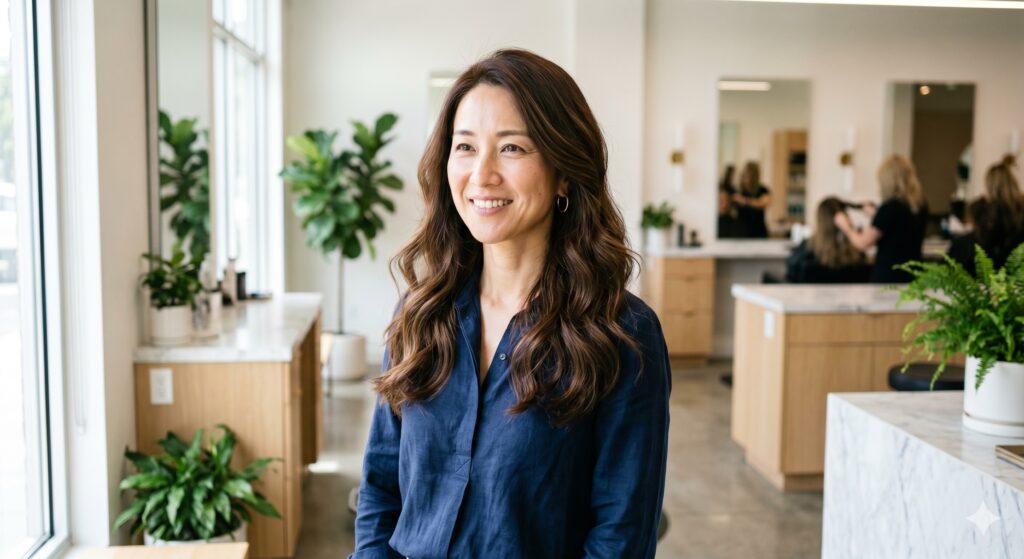 40代女性、ウェービーロングヘアでにこやかに笑っている画像