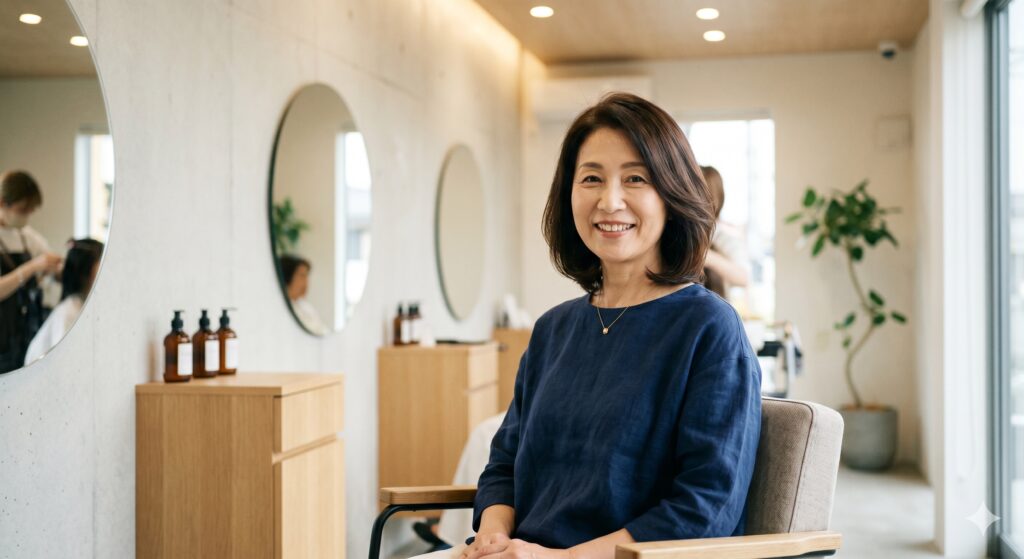 普通の暗めの白髪染めをしている５０代女性の画像