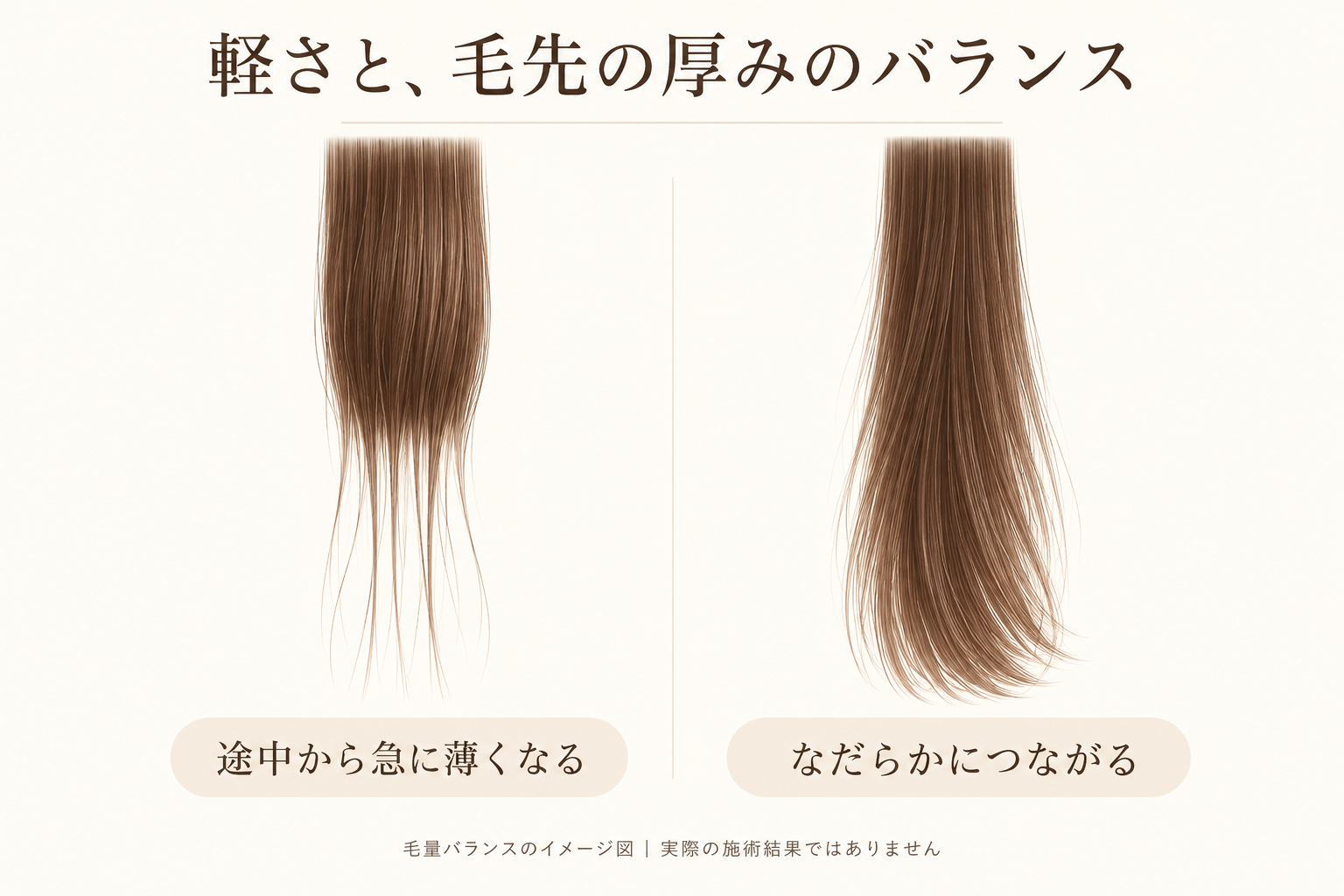 途中から急に薄くなる毛束と、毛先までなだらかにつながる毛束を比べたイメージ図