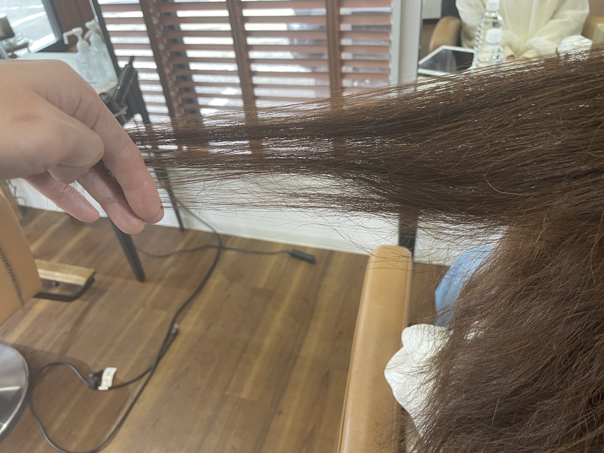 毛束を横に持ち、根元側と毛先側の毛量の差を確認している実際の写真